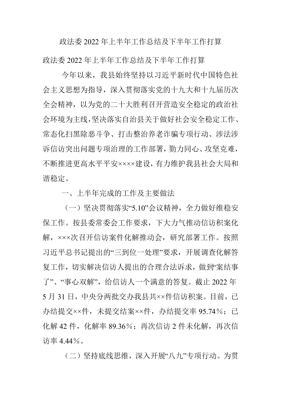 政法委2022年上半年工作总结及下半年工作打算.docx_第1页