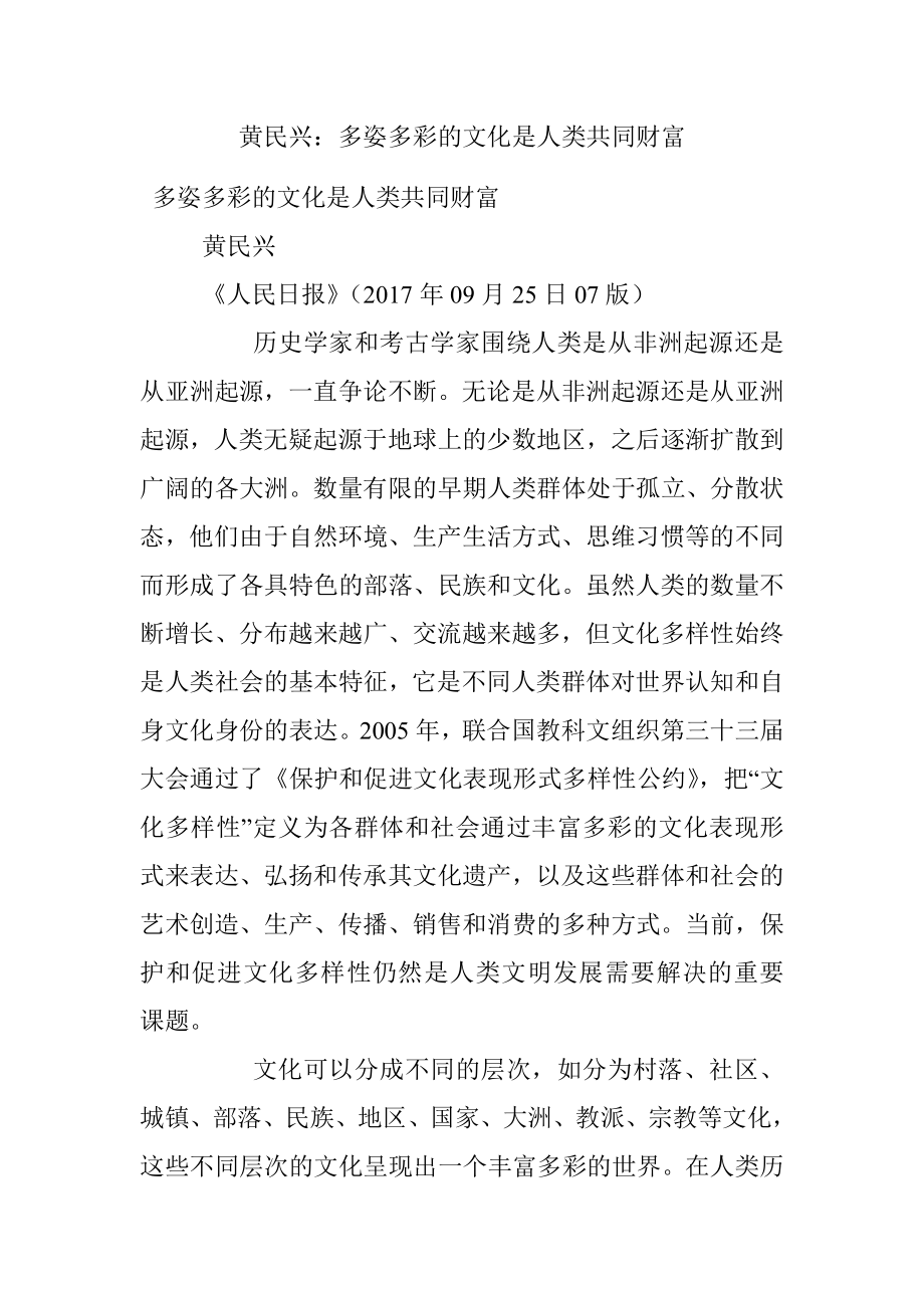 黄民兴：多姿多彩的文化是人类共同财富.docx_第1页