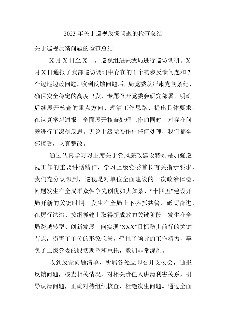 2023年关于巡视反馈问题的检查总结.docx_第1页