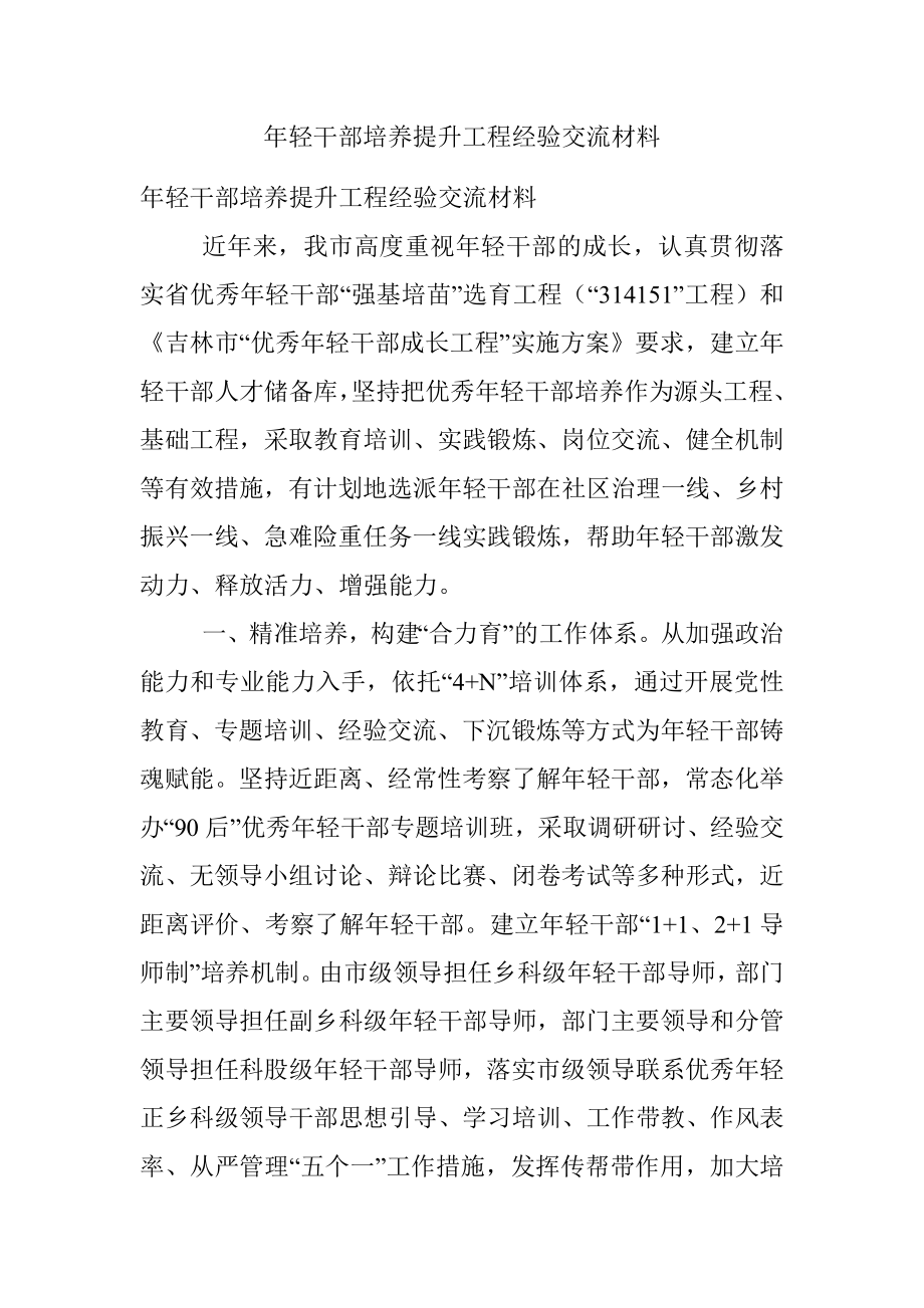 年轻干部培养提升工程经验交流材料.docx_第1页