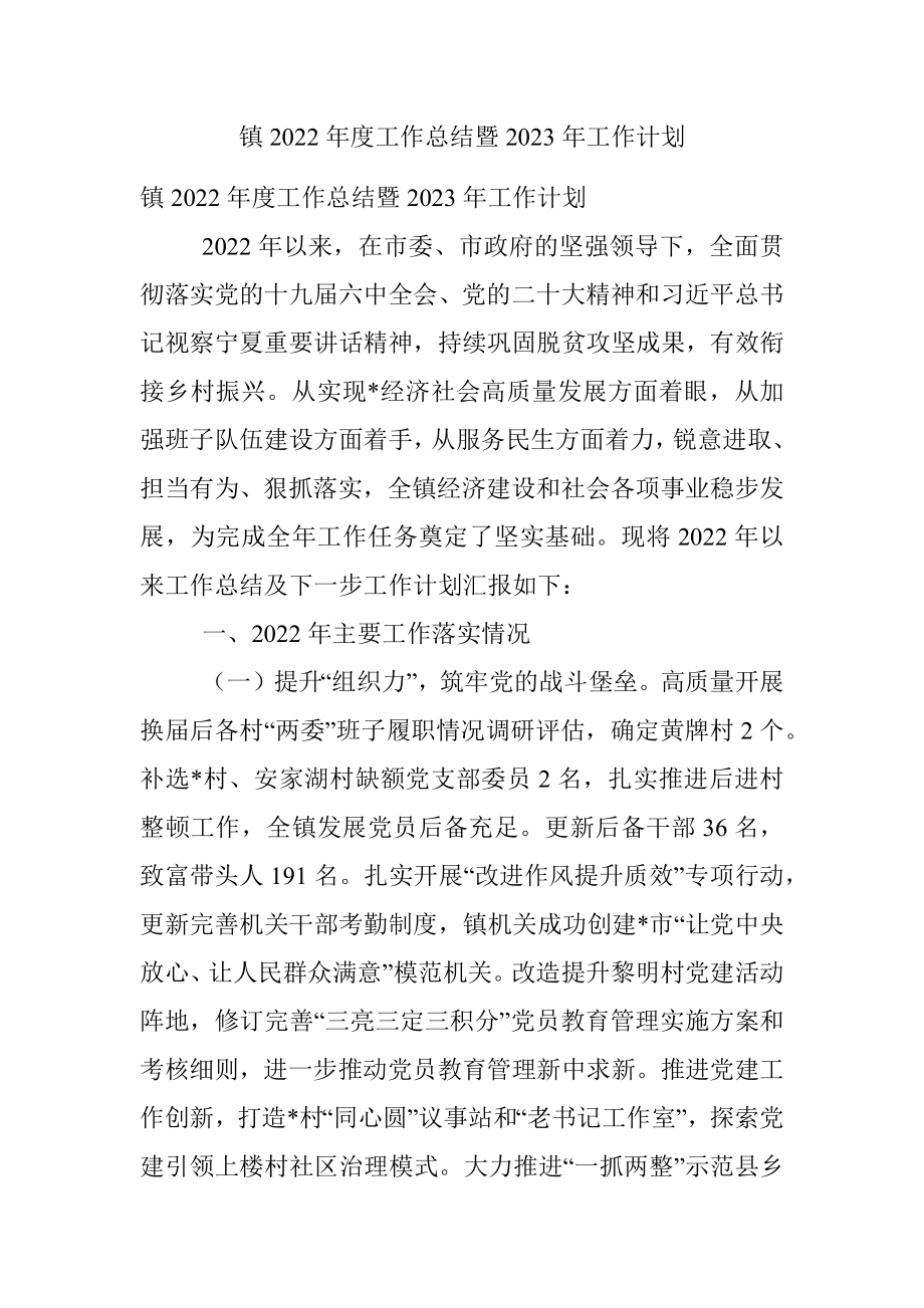 镇2022年度工作总结暨2023年工作计划.docx_第1页