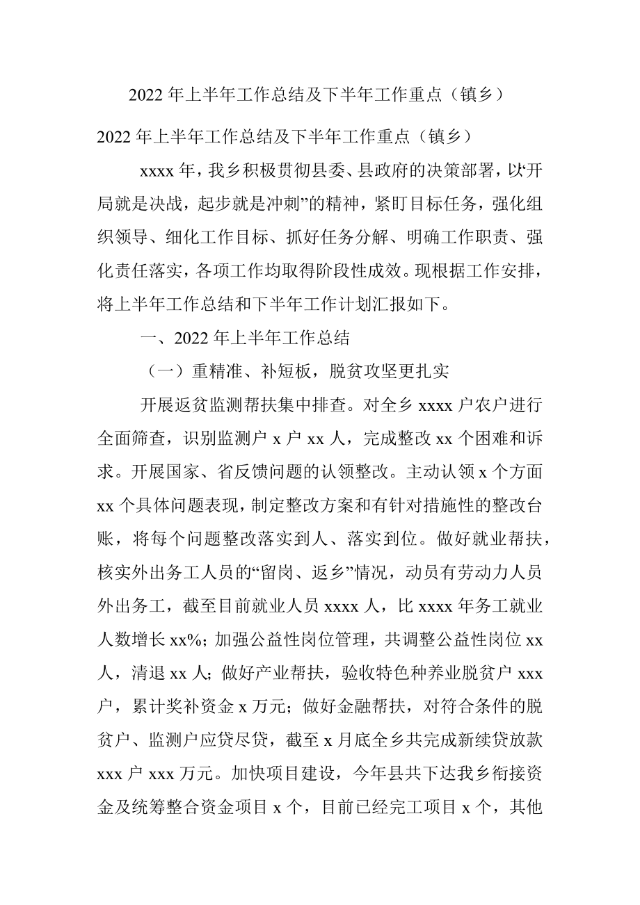 2022年上半年工作总结及下半年工作重点（镇乡）.docx_第1页