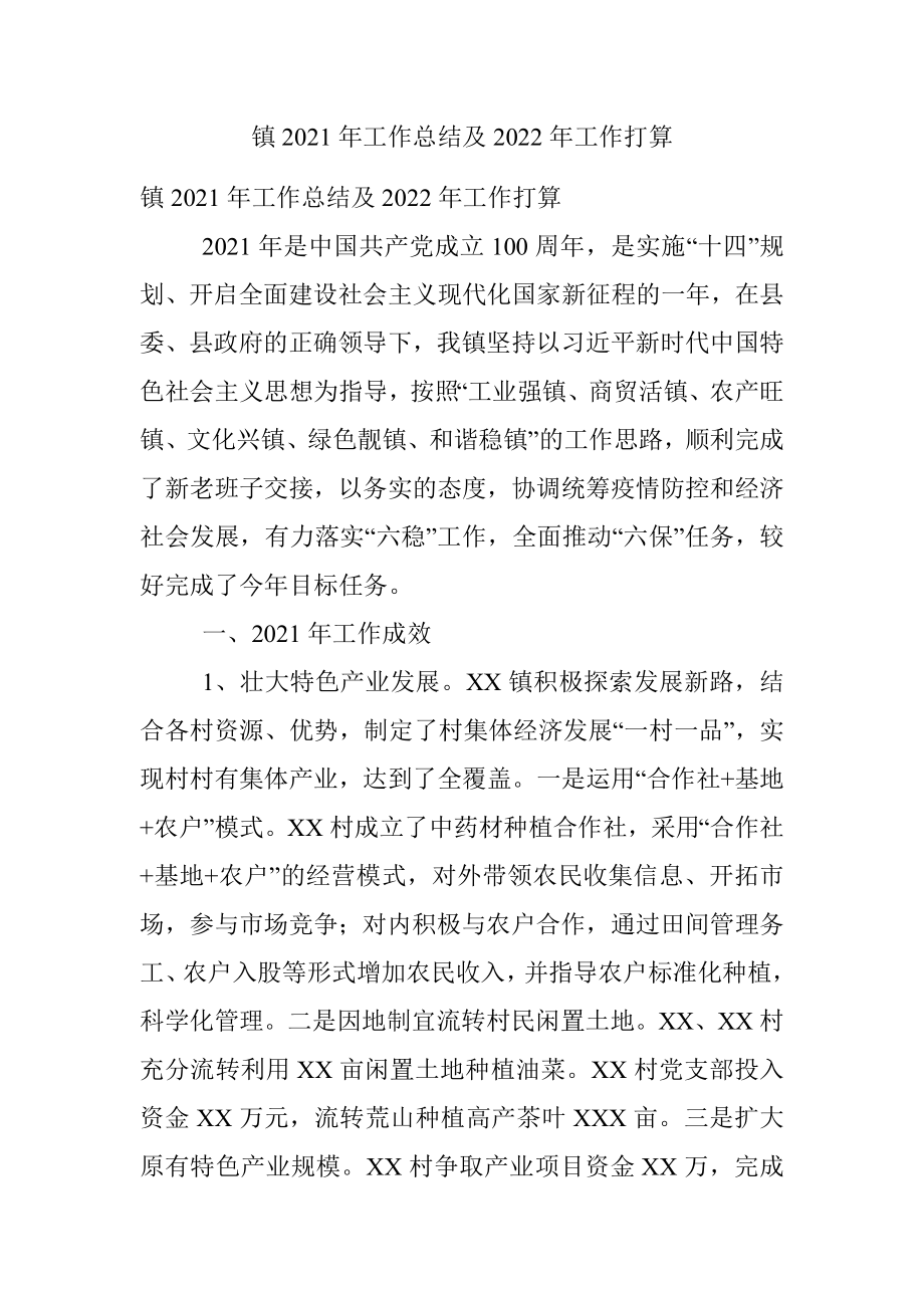 镇2021年工作总结及2022年工作打算.docx_第1页