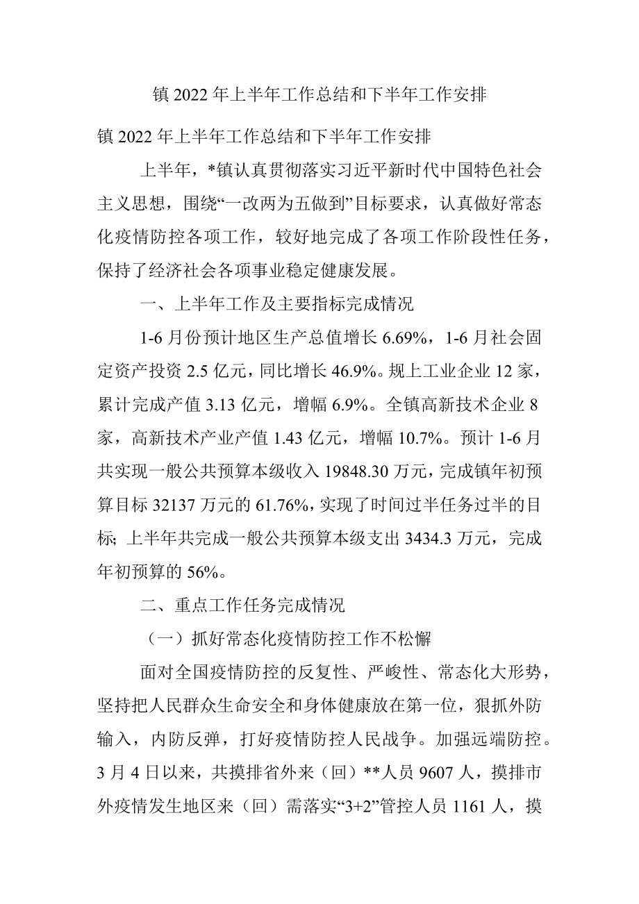 镇2022年上半年工作总结和下半年工作安排_1.docx_第1页