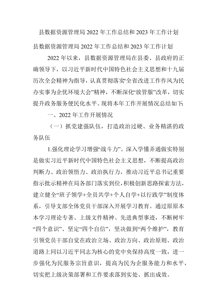 县数据资源管理局2022年工作总结和2023年工作计划.docx_第1页