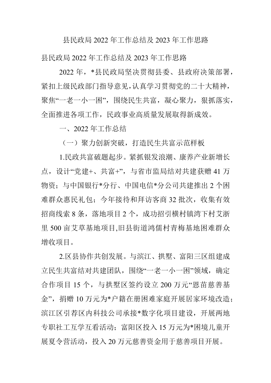 县民政局2022年工作总结及2023年工作思路.docx_第1页