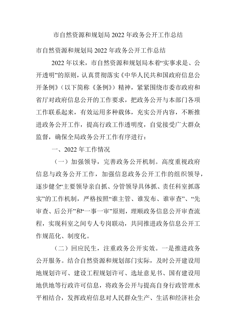 市自然资源和规划局2022年政务公开工作总结.docx_第1页