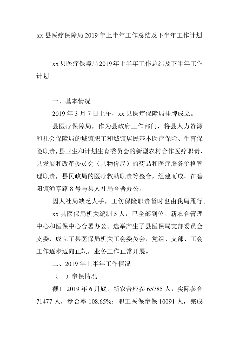 xx县医疗保障局2019年上半年工作总结及下半年工作计划.docx_第1页