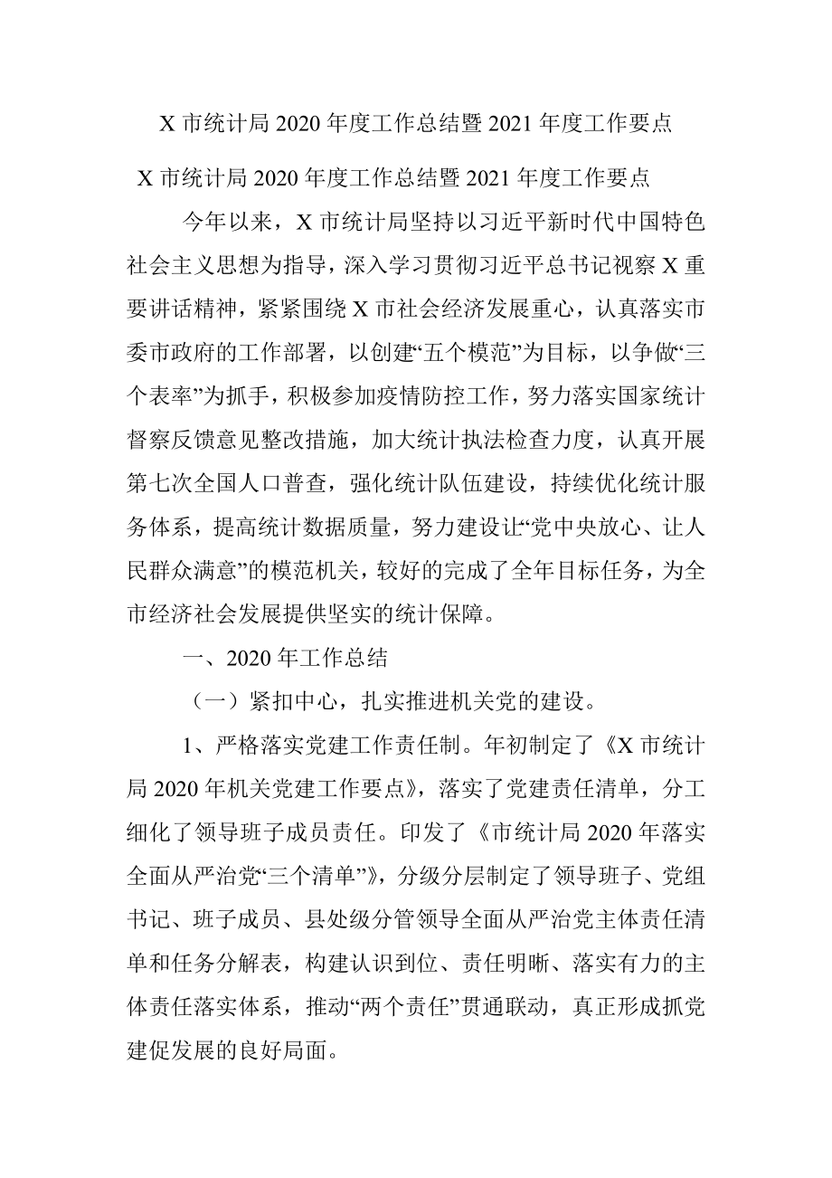 X市统计局2020年度工作总结暨2021年度工作要点.docx_第1页