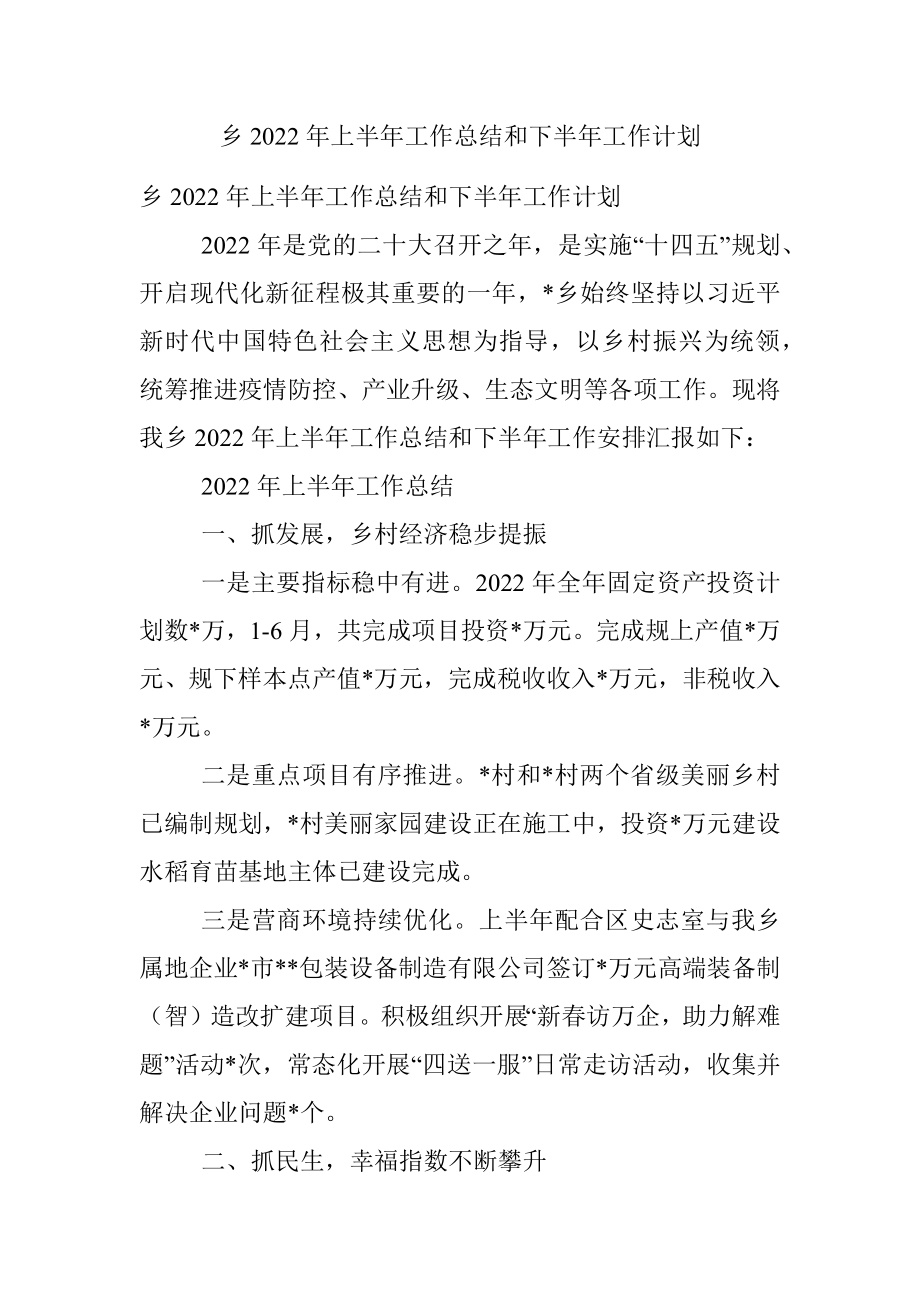 乡2022年上半年工作总结和下半年工作计划.docx_第1页