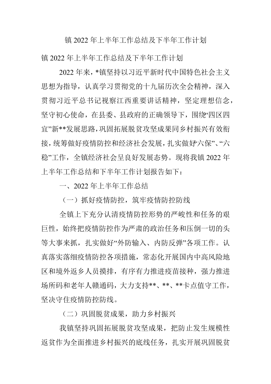 镇2022年上半年工作总结及下半年工作计划_2.docx_第1页