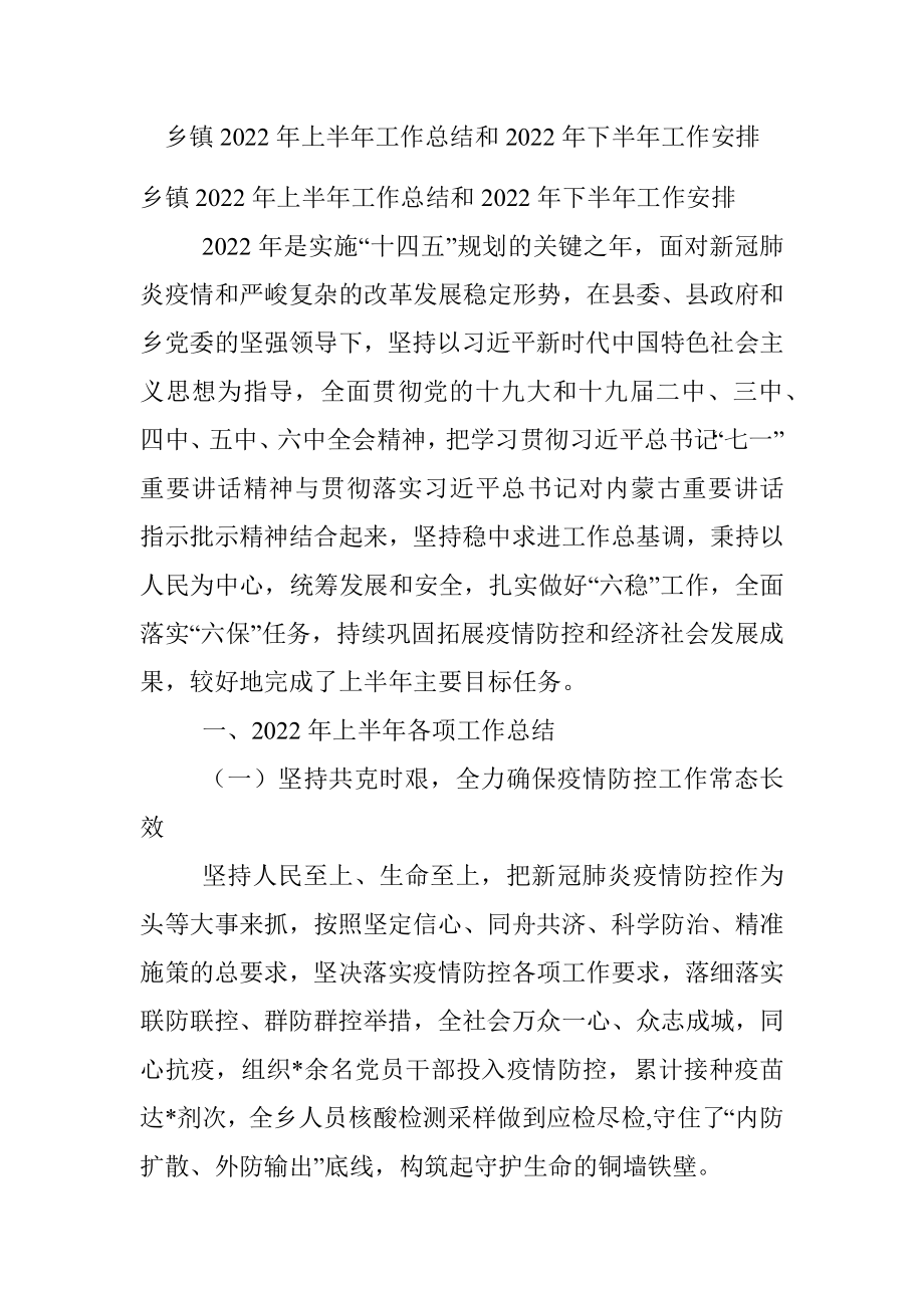 乡镇2022年上半年工作总结和2022年下半年工作安排.docx_第1页