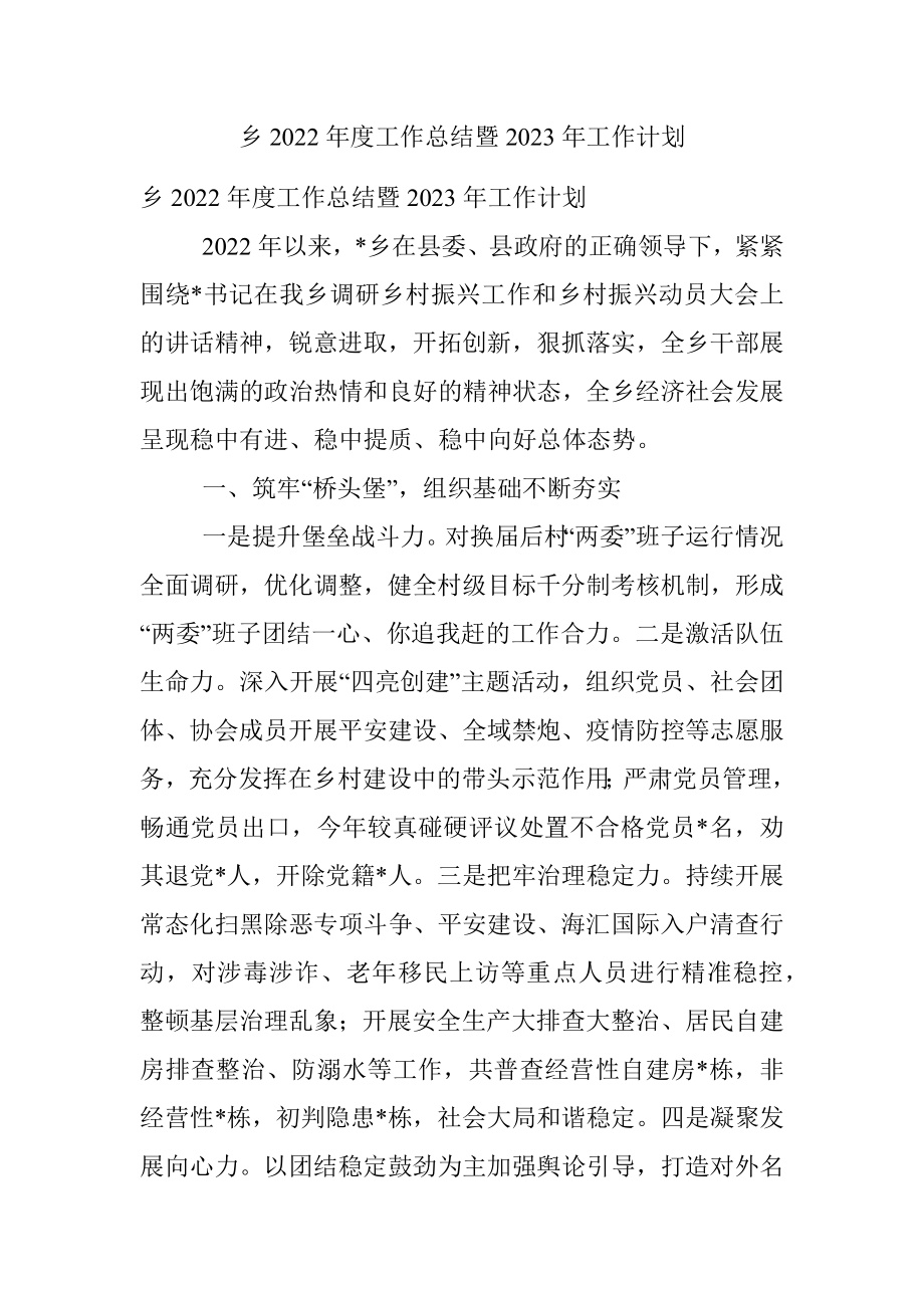 乡2022年度工作总结暨2023年工作计划.docx_第1页