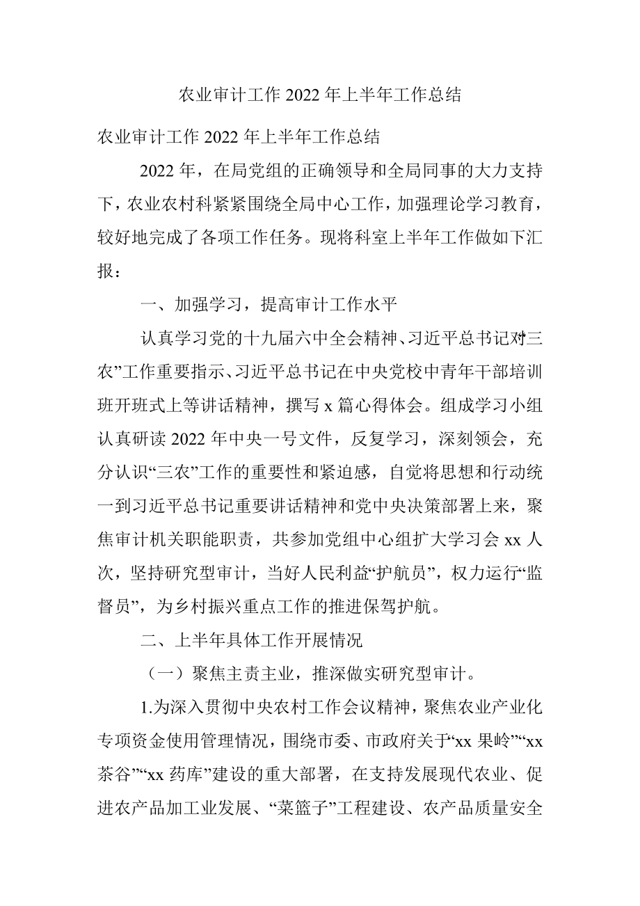 农业审计工作2022年上半年工作总结.docx_第1页