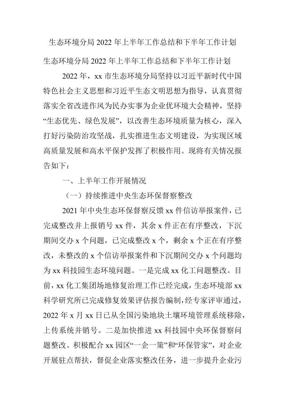 生态环境分局2022年上半年工作总结和下半年工作计划.docx_第1页