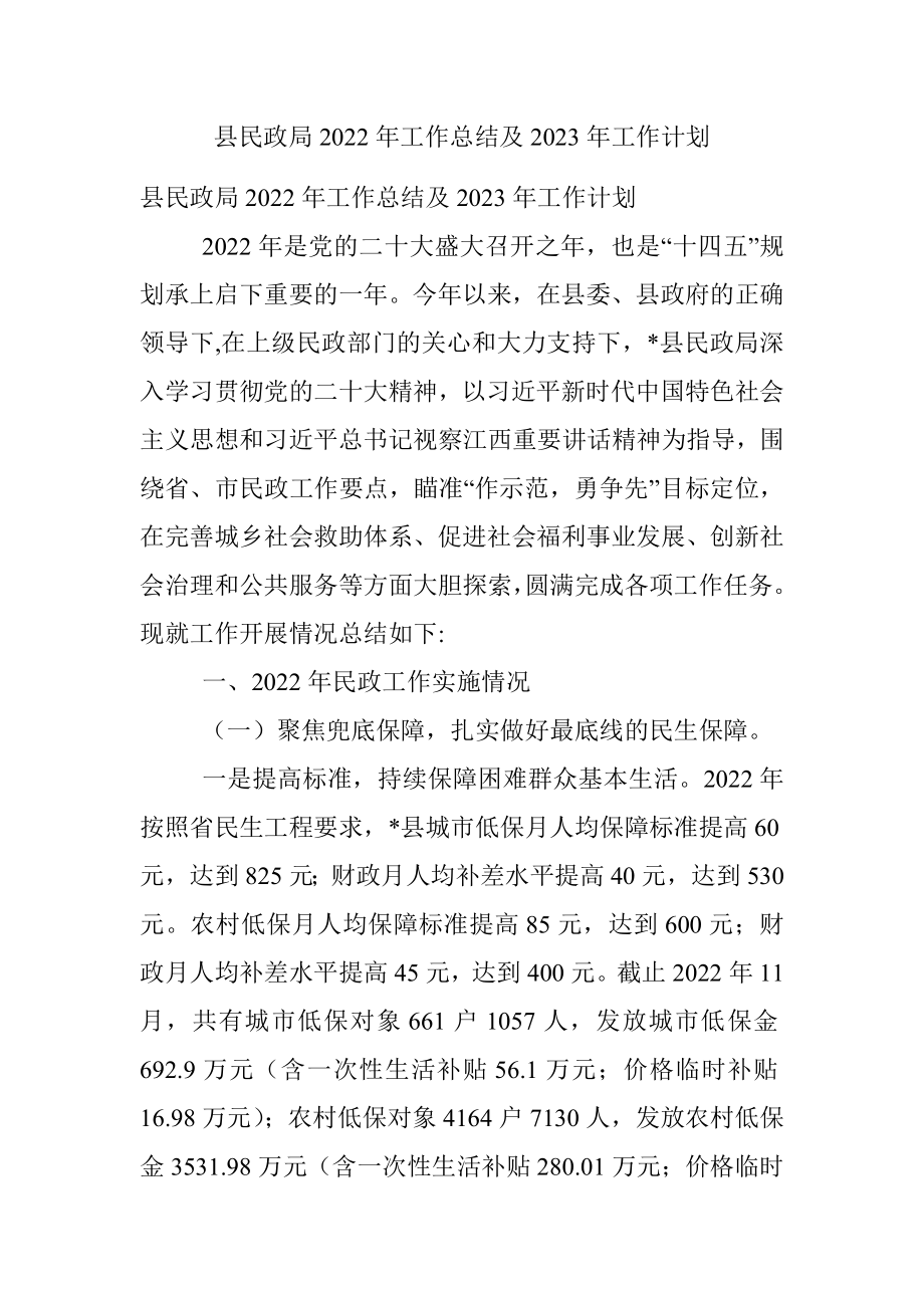 县民政局2022年工作总结及2023年工作计划.docx_第1页