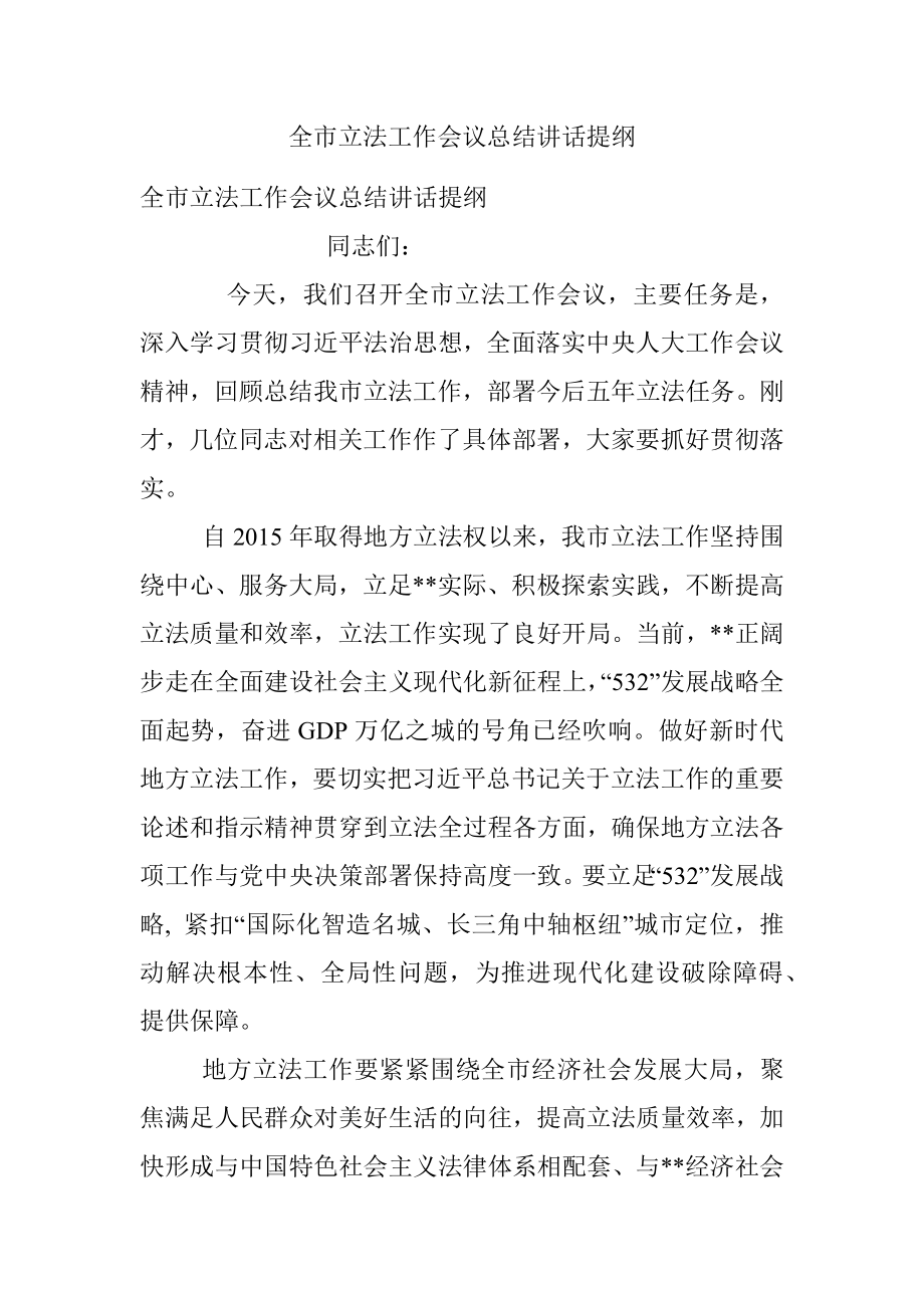 全市立法工作会议总结讲话提纲.docx_第1页