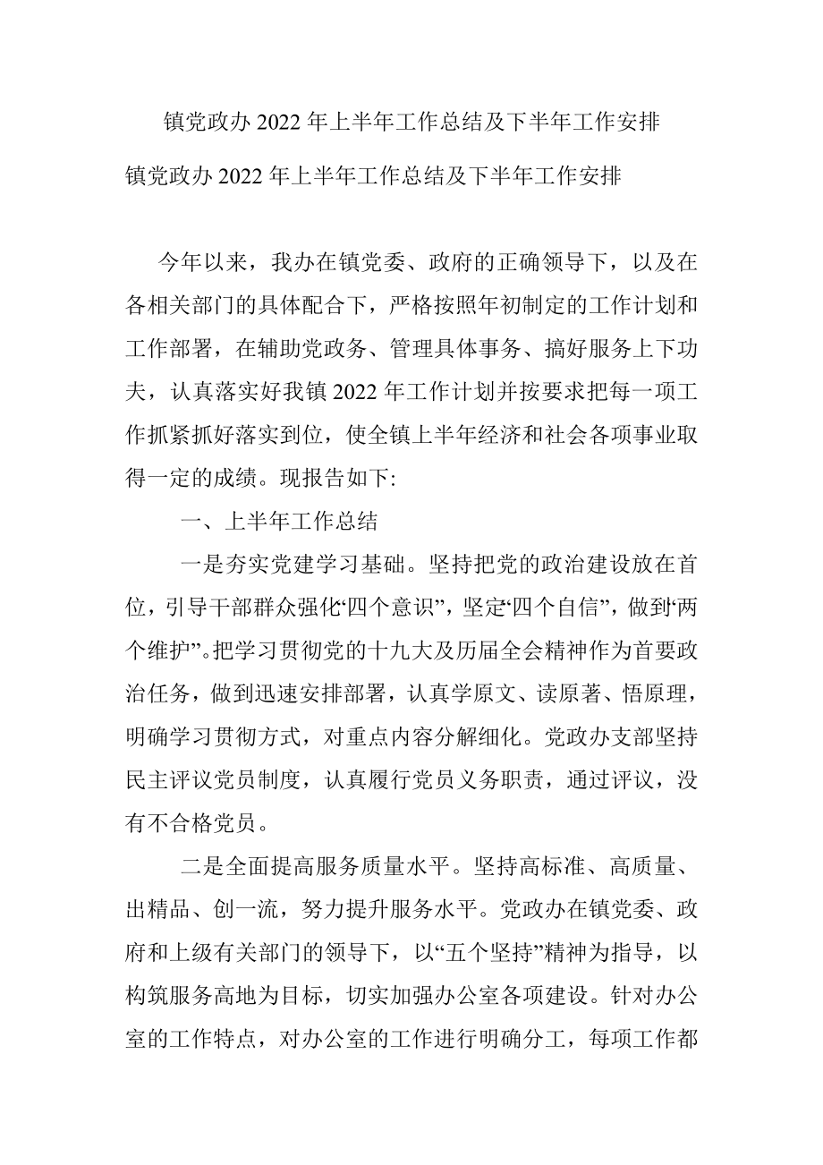 镇党政办2022年上半年工作总结及下半年工作安排_1.docx_第1页