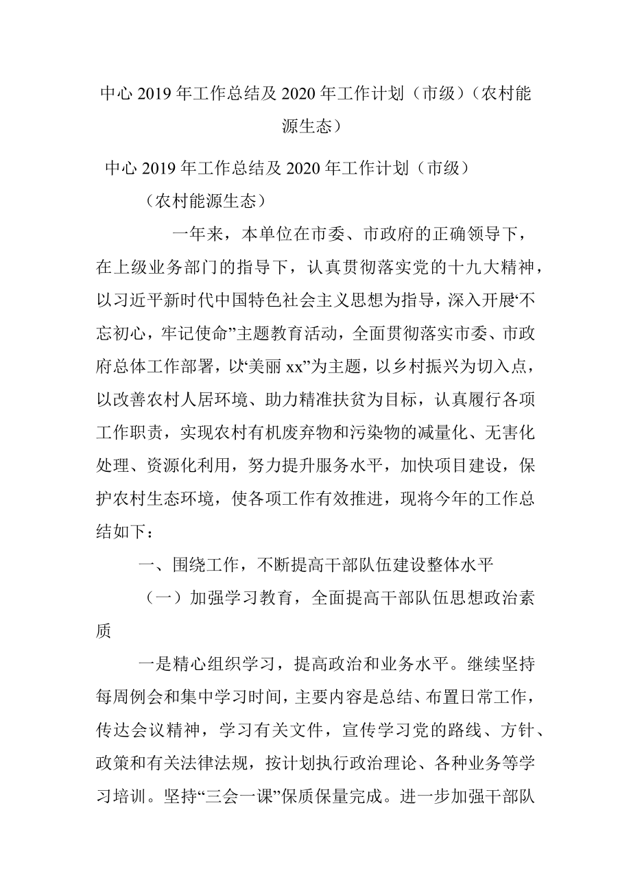 中心2019年工作总结及2020年工作计划（市级）（农村能源生态）.docx_第1页