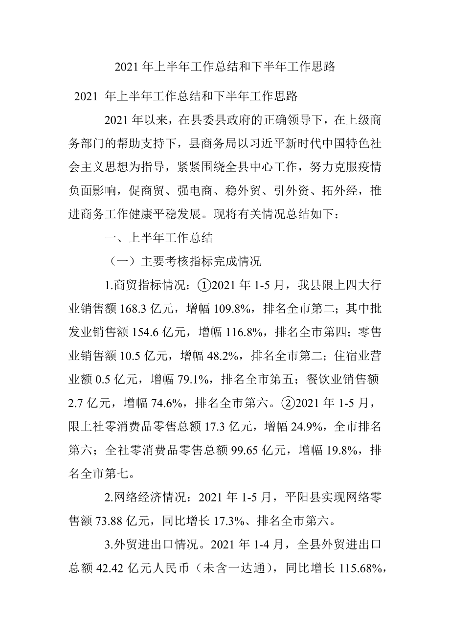 2021年上半年工作总结和下半年工作思路.docx_第1页