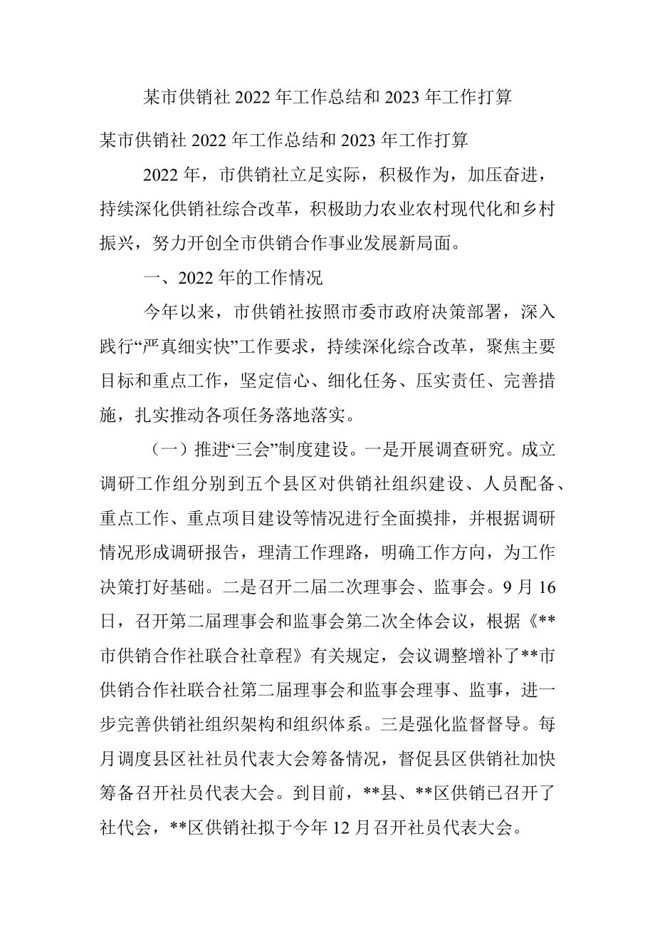 某市供销社2022年工作总结和2023年工作打算.docx_第1页