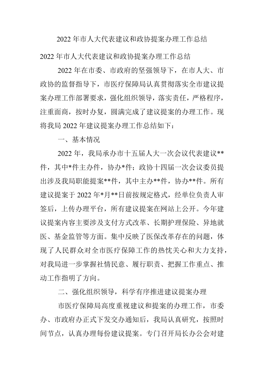 2022年市人大代表建议和政协提案办理工作总结.docx_第1页