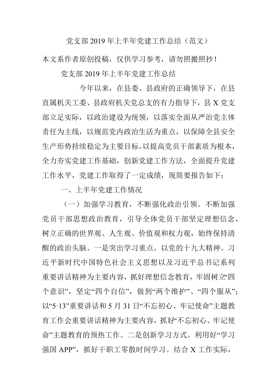 党支部2019年上半年党建工作总结（范文）.docx_第1页