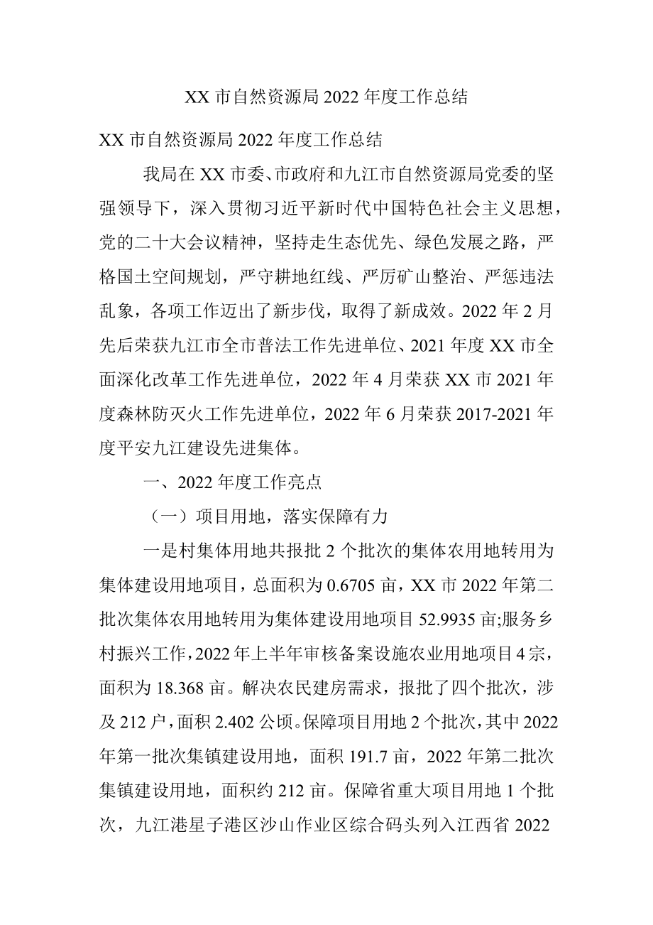 XX市自然资源局2022年度工作总结.docx_第1页