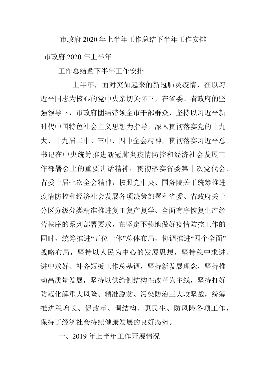 市政府2020年上半年工作总结下半年工作安排.docx_第1页