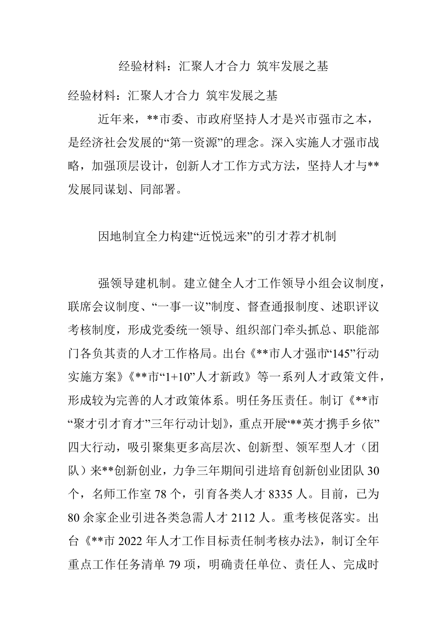 经验材料：汇聚人才合力 筑牢发展之基.docx_第1页