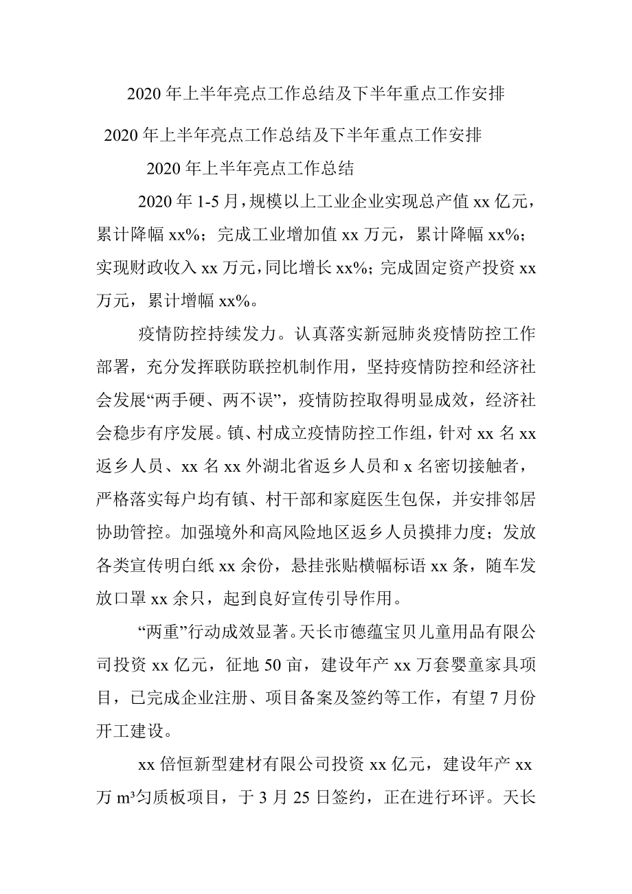 2020年上半年亮点工作总结及下半年重点工作安排.docx_第1页