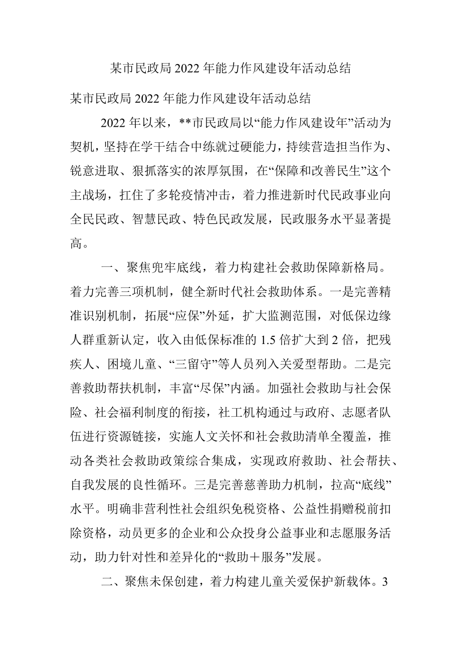 某市民政局2022年能力作风建设年活动总结.docx_第1页