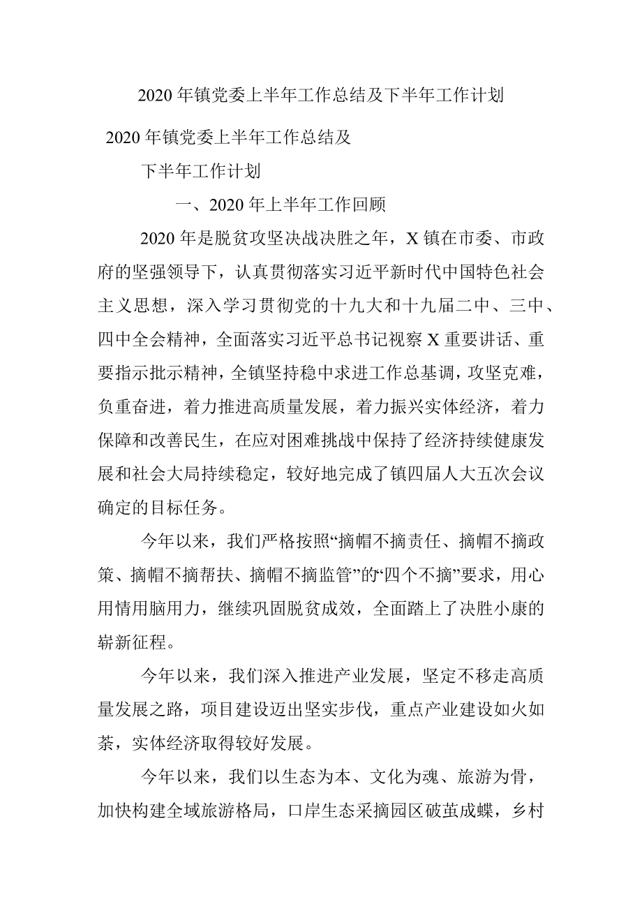 2020年镇党委上半年工作总结及下半年工作计划.docx_第1页