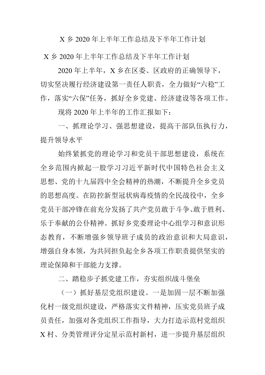 X乡2020年上半年工作总结及下半年工作计划.docx_第1页