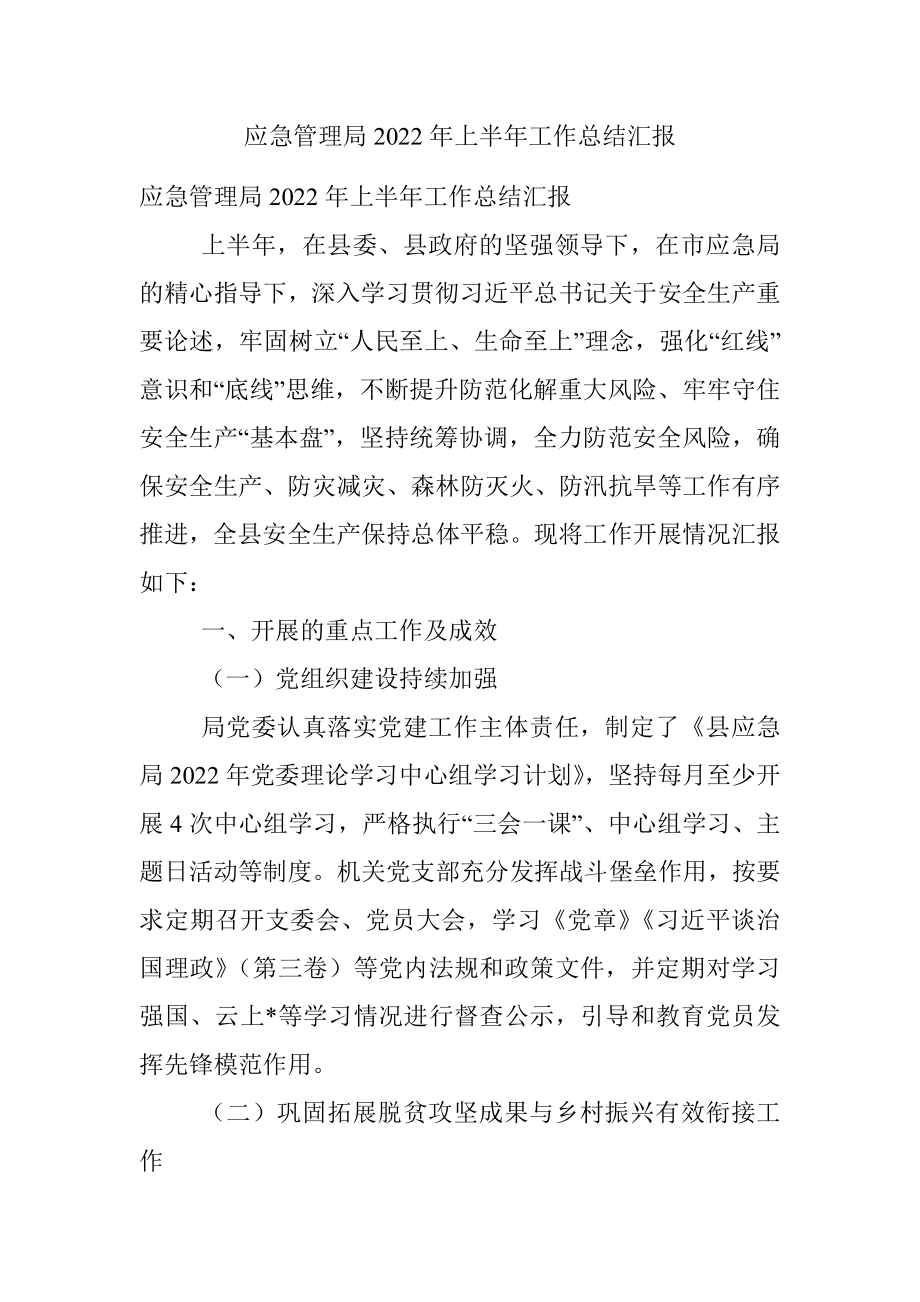 应急管理局2022年上半年工作总结汇报.docx_第1页