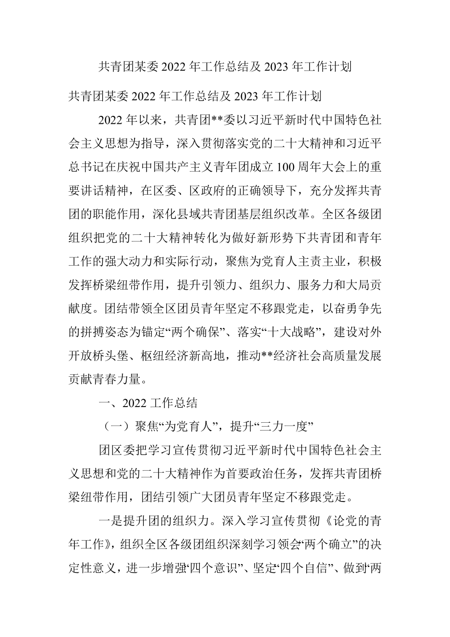 共青团某委2022年工作总结及2023年工作计划_1.docx_第1页