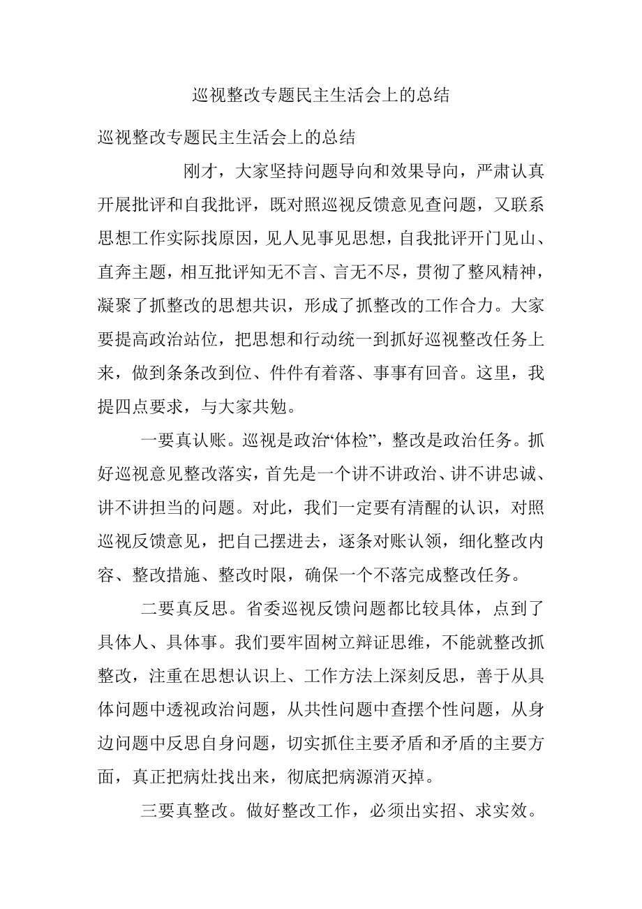 巡视整改专题民主生活会上的总结.docx_第1页