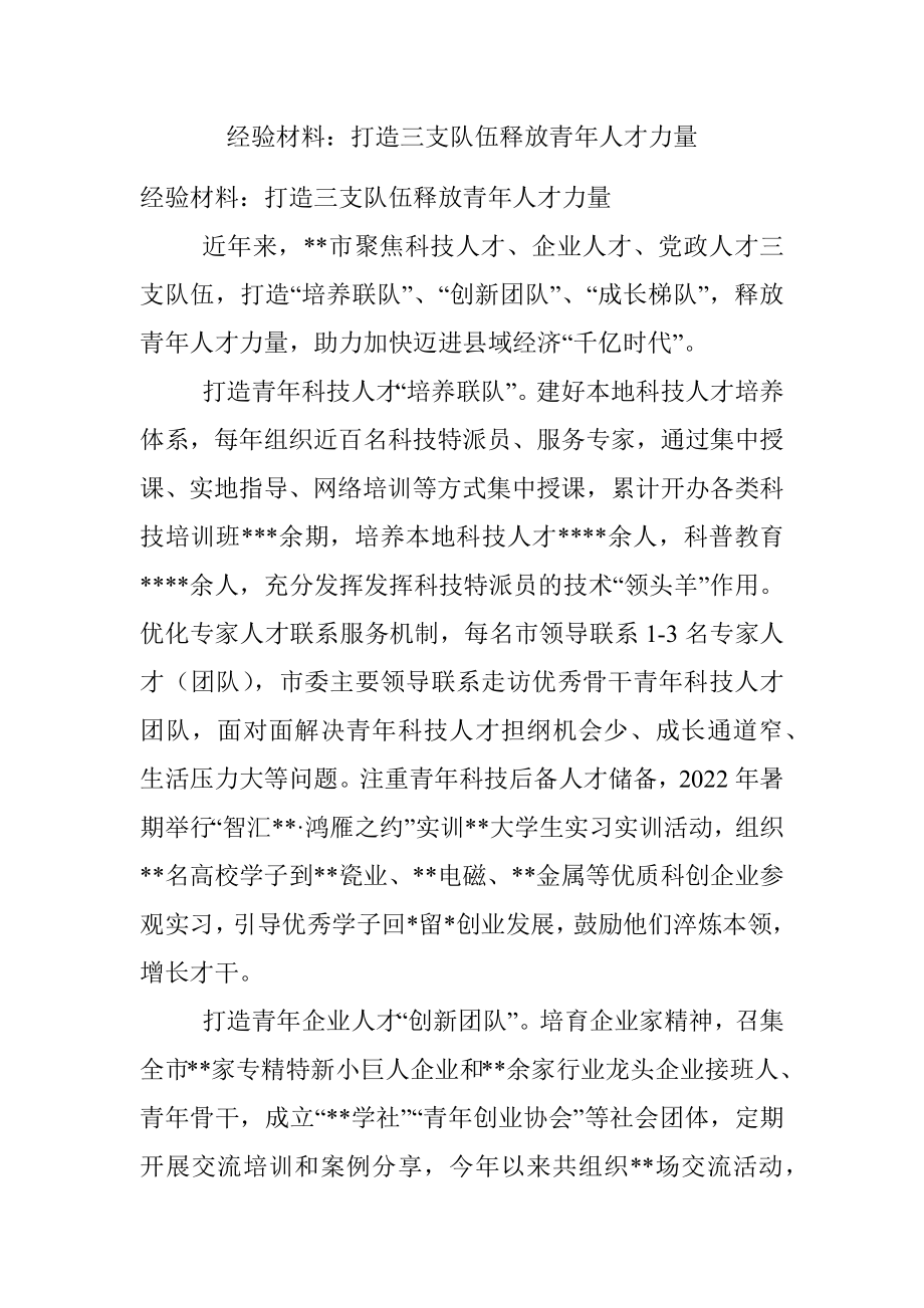 经验材料：打造三支队伍释放青年人才力量.docx_第1页