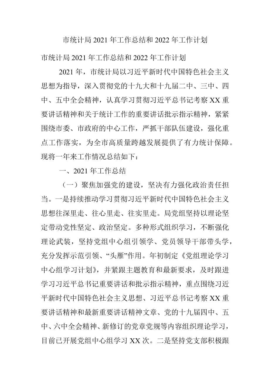 市统计局2021年工作总结和2022年工作计划.docx_第1页