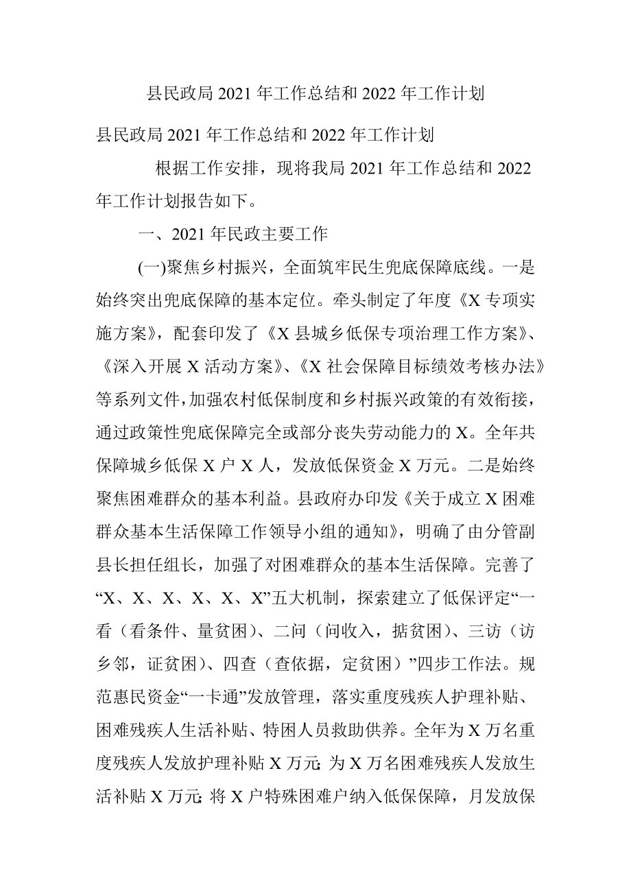 县民政局2021年工作总结和2022年工作计划.docx_第1页