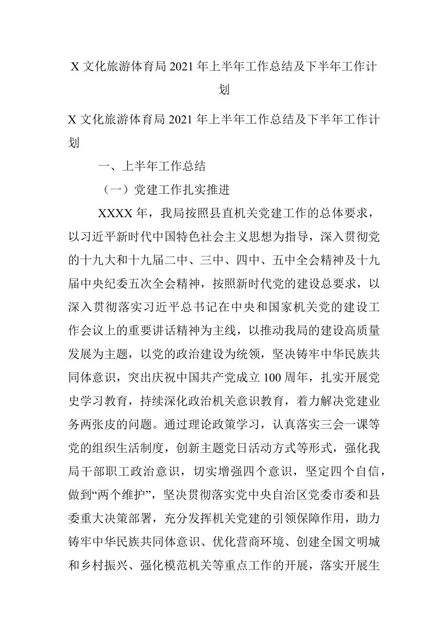 X文化旅游体育局2021年上半年工作总结及下半年工作计划.docx_第1页