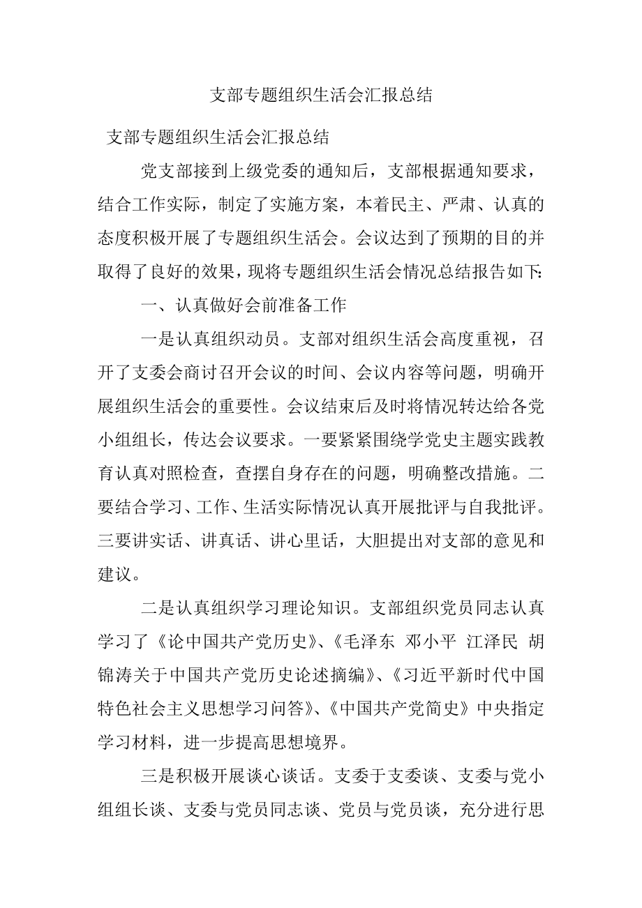 支部专题组织生活会汇报总结.docx_第1页