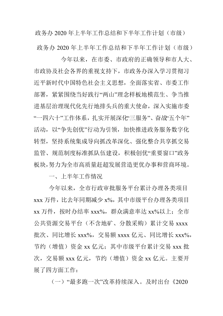 政务办2020年上半年工作总结和下半年工作计划（市级）.docx_第1页