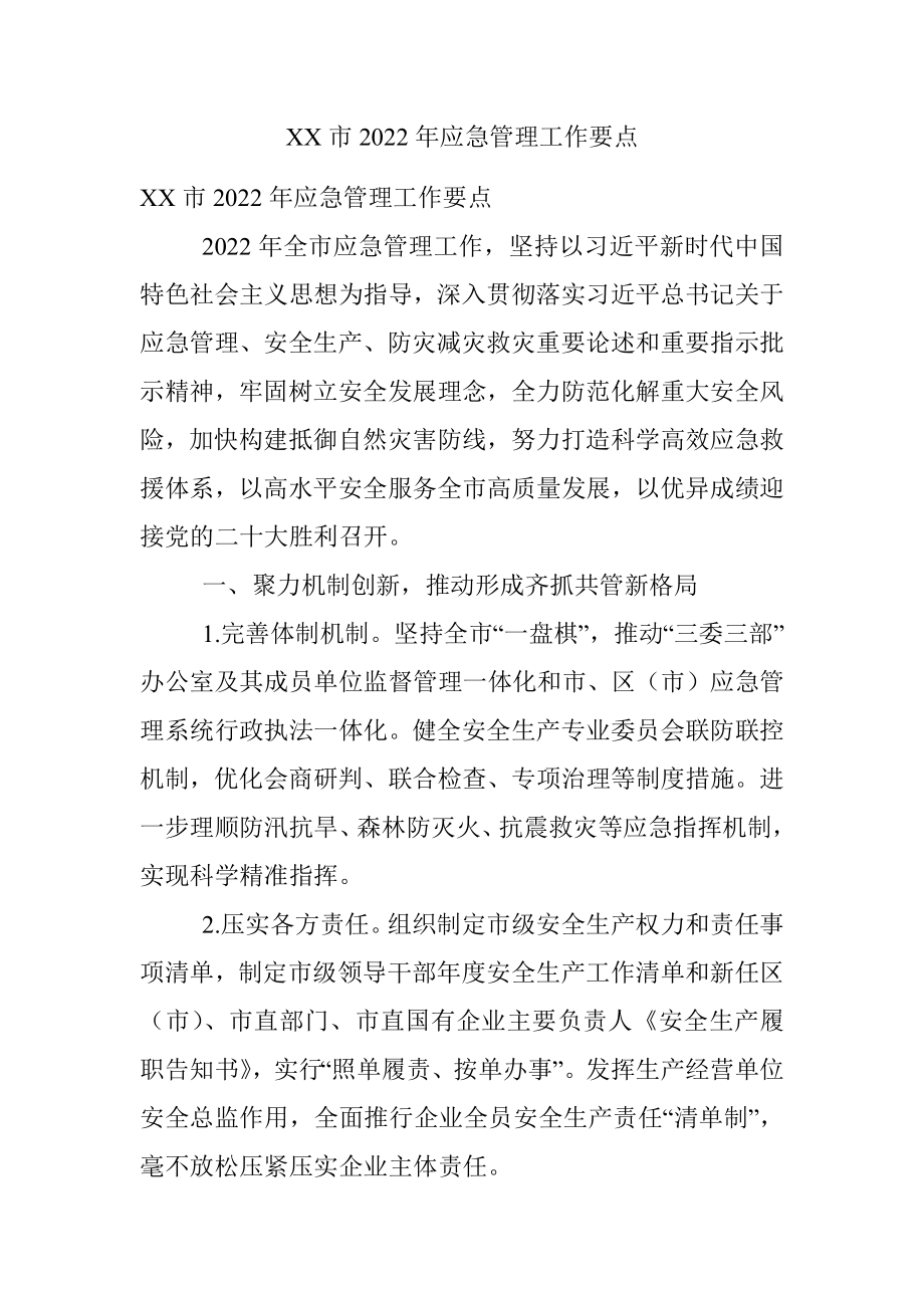 XX市2022年应急管理工作要点.docx_第1页