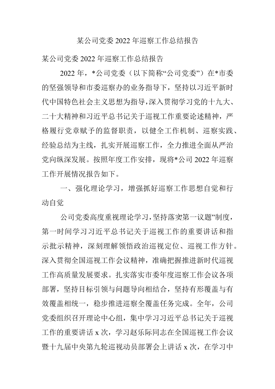 某公司党委2022年巡察工作总结报告.docx_第1页