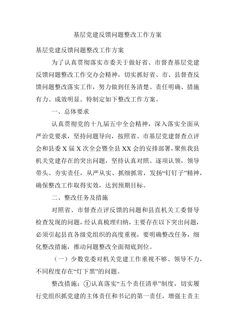 基层党建反馈问题整改工作方案.docx_第1页