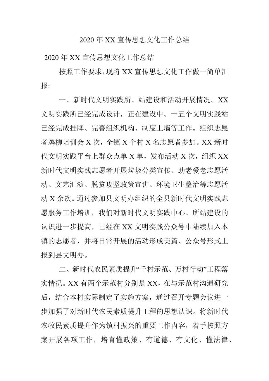 2020年XX宣传思想文化工作总结.docx_第1页