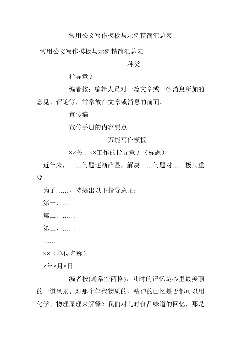 常用公文写作模板与示例精简汇总表.docx_第1页