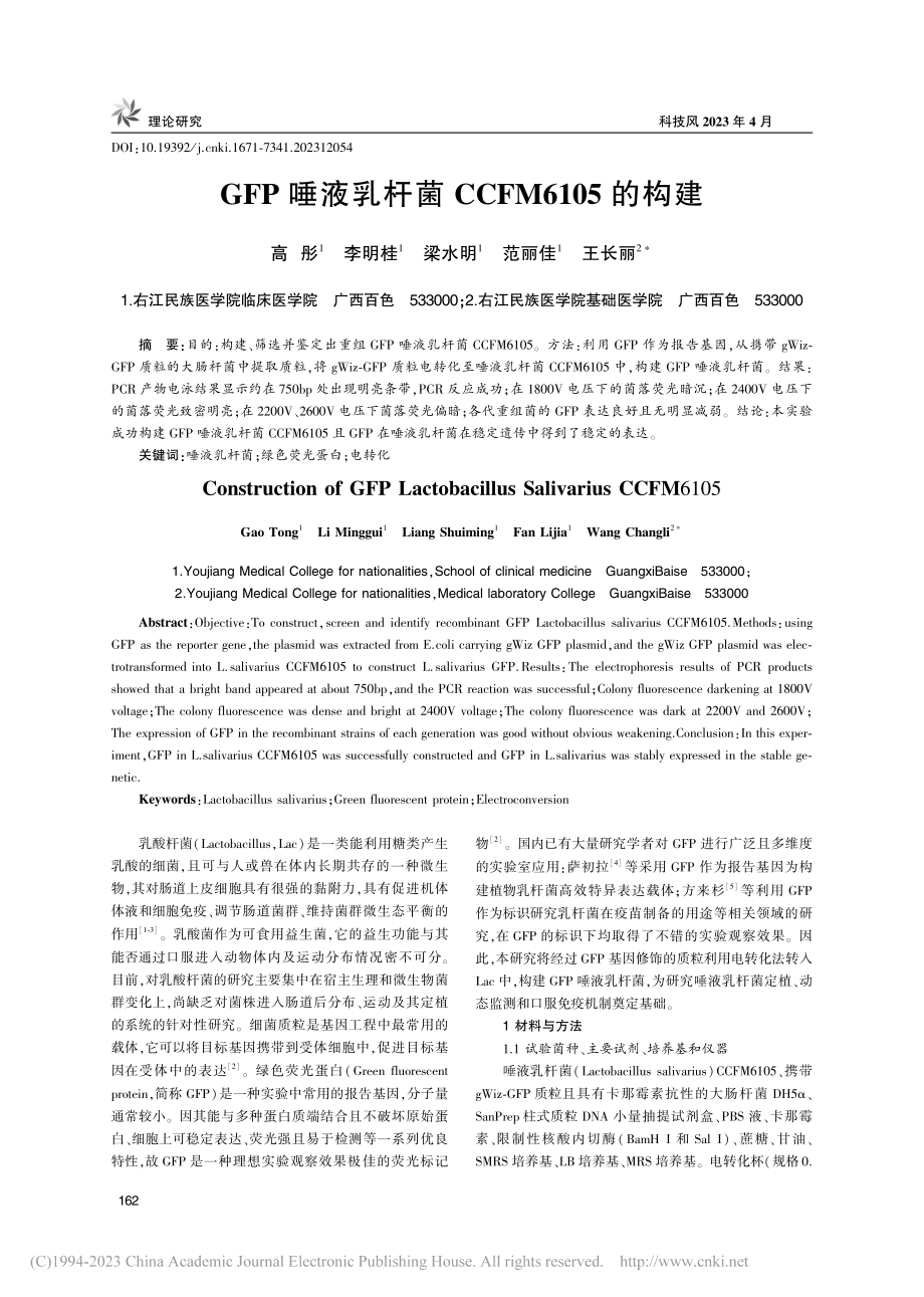 GFP唾液乳杆菌CCFM6105的构建_高彤.pdf_第1页