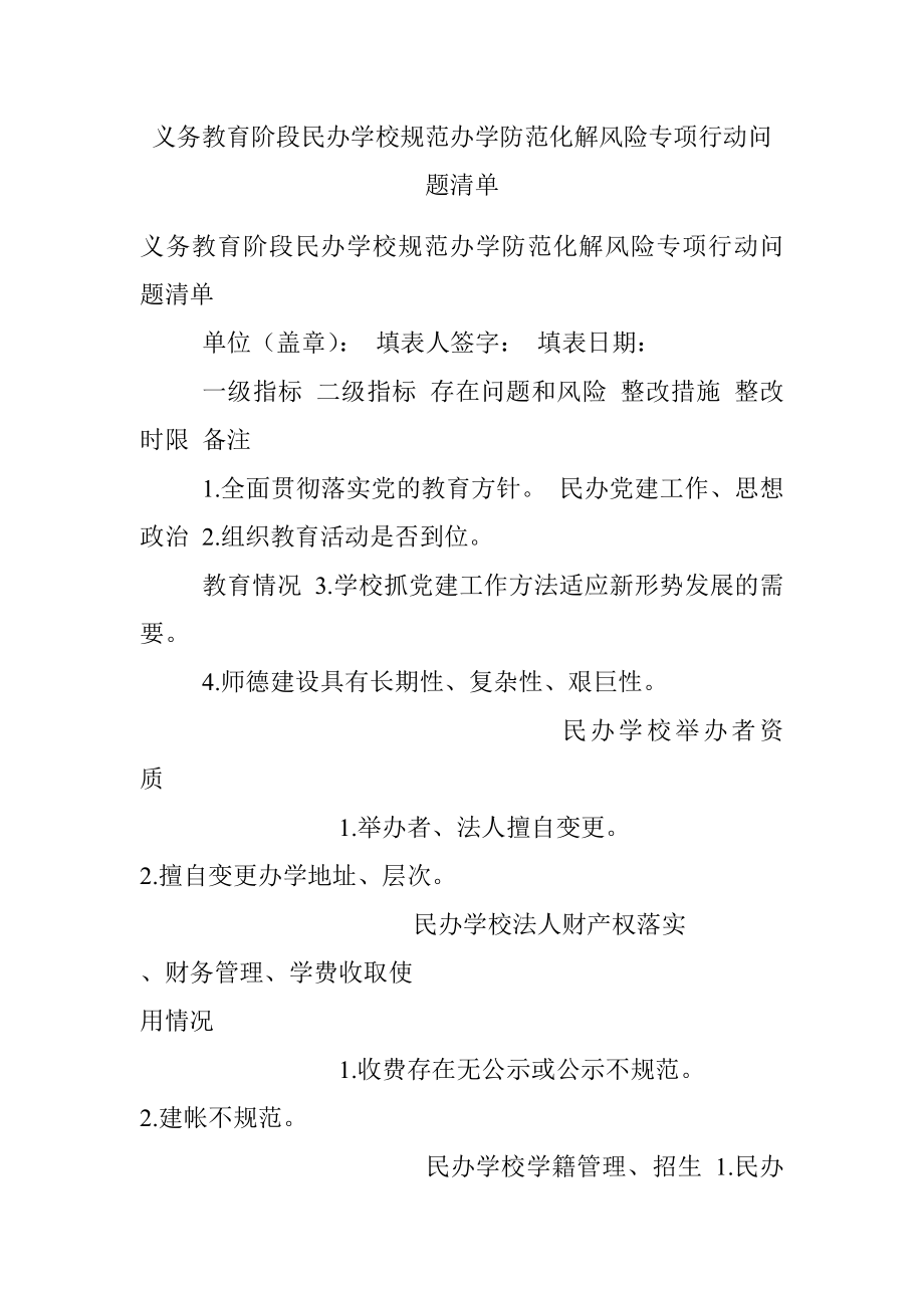 义务教育阶段民办学校规范办学防范化解风险专项行动问题清单.docx_第1页